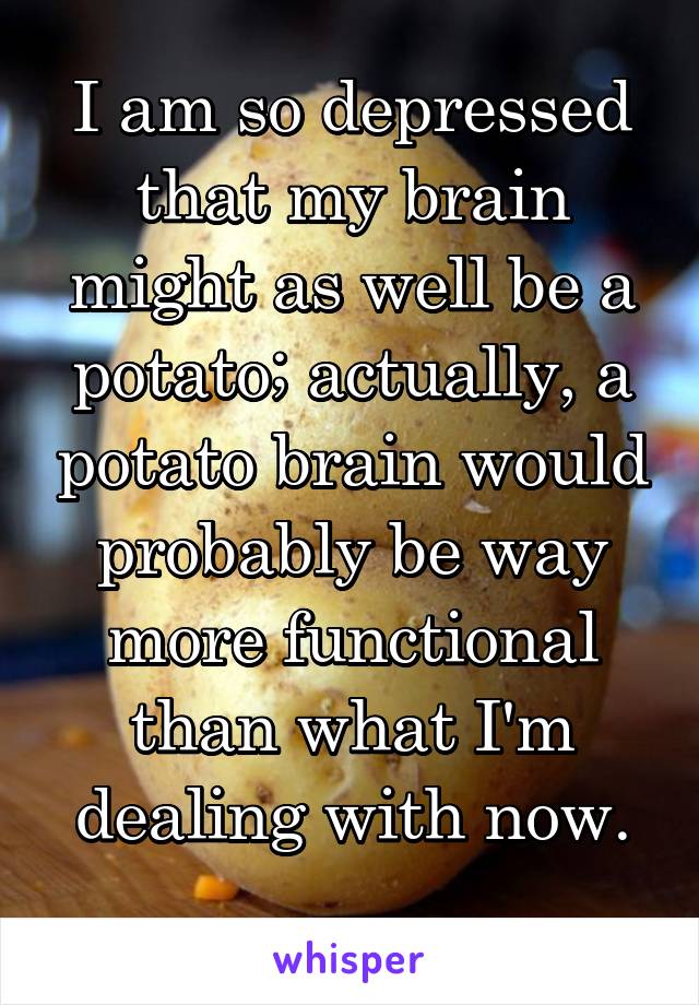 I am so depressed that my brain might as well be a potato; actually, a potato brain would probably be way more functional than what I'm dealing with now.

