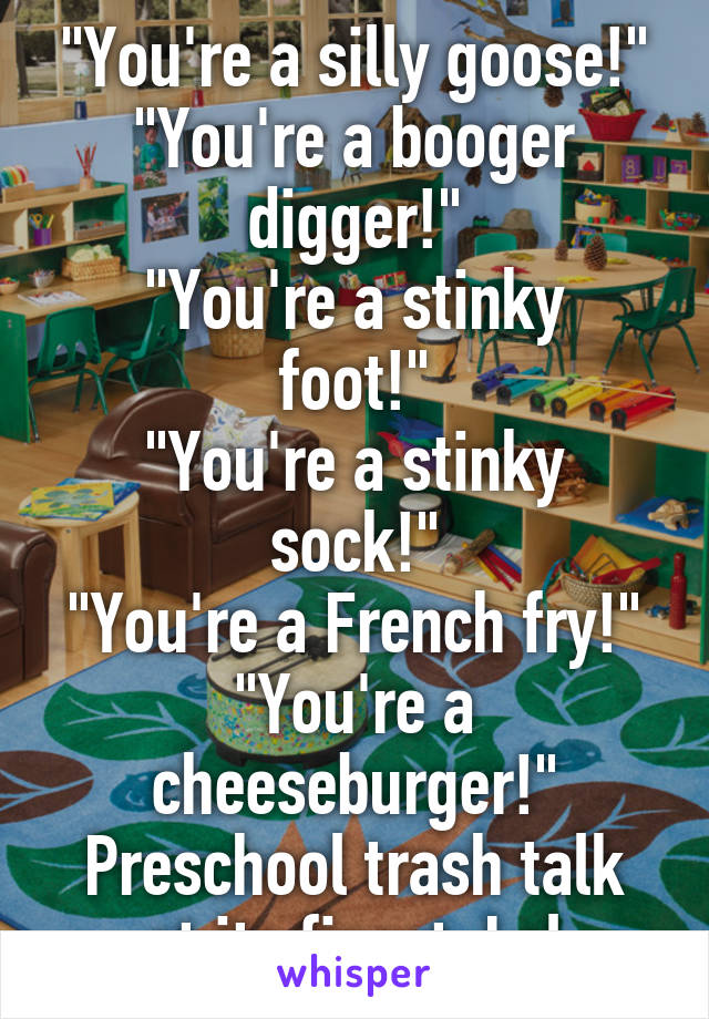 "You're a silly goose!"
"You're a booger digger!"
"You're a stinky foot!"
"You're a stinky sock!"
"You're a French fry!"
"You're a cheeseburger!"
Preschool trash talk at its finest. Lol