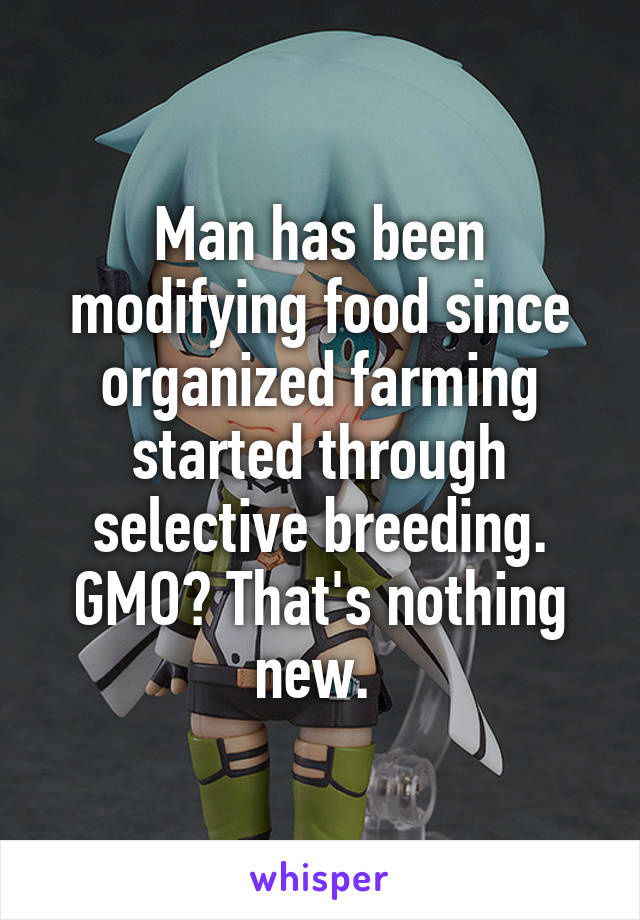 Man has been modifying food since organized farming started through selective breeding. GMO? That's nothing new. 
