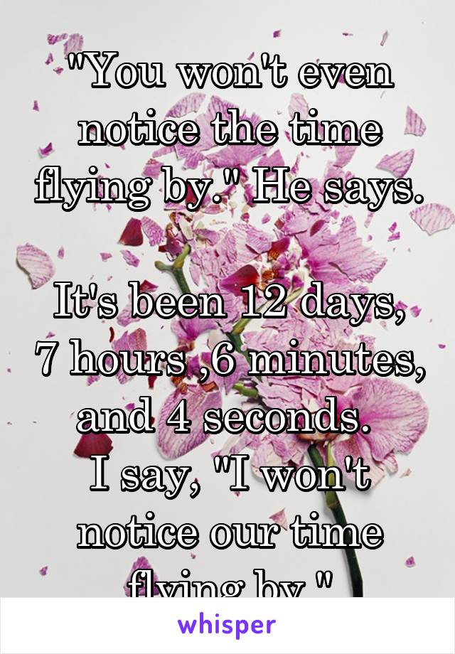 "You won't even notice the time flying by." He says. 
It's been 12 days, 7 hours ,6 minutes, and 4 seconds. 
I say, "I won't notice our time flying by."