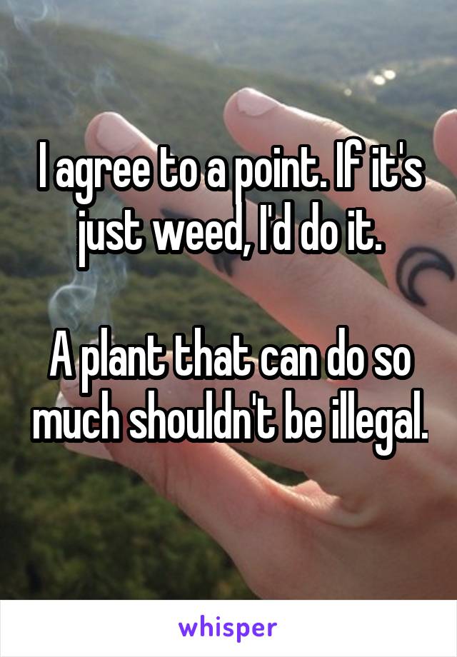 I agree to a point. If it's just weed, I'd do it.

A plant that can do so much shouldn't be illegal. 