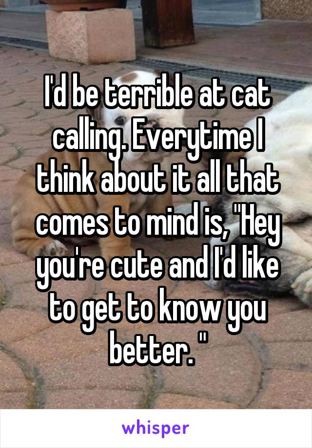 I'd be terrible at cat calling. Everytime I think about it all that comes to mind is, "Hey you're cute and I'd like to get to know you better. "