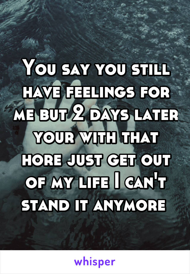 You say you still have feelings for me but 2 days later your with that hore just get out of my life I can't stand it anymore 