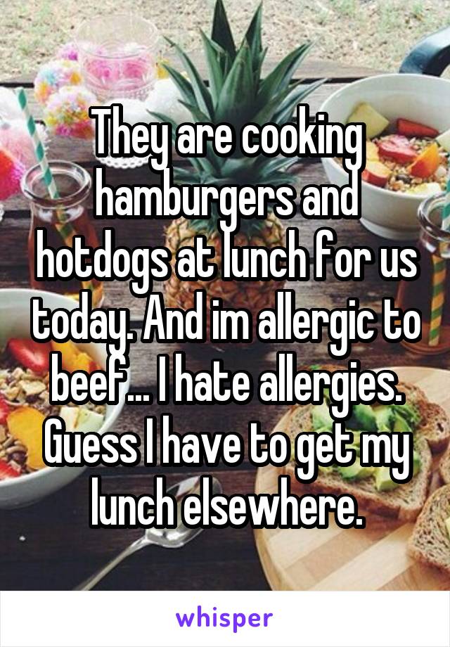 They are cooking hamburgers and hotdogs at lunch for us today. And im allergic to beef... I hate allergies. Guess I have to get my lunch elsewhere.