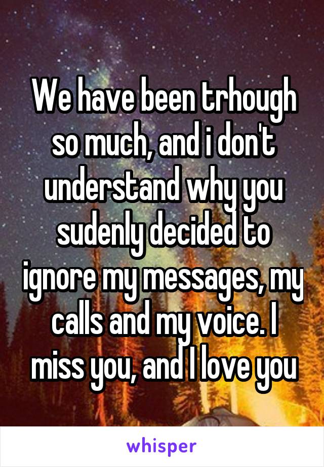 We have been trhough so much, and i don't understand why you sudenly decided to ignore my messages, my calls and my voice. I miss you, and I love you