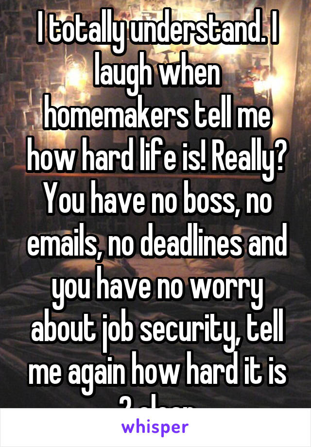 I totally understand. I laugh when homemakers tell me how hard life is! Really? You have no boss, no emails, no deadlines and you have no worry about job security, tell me again how hard it is 2 clean