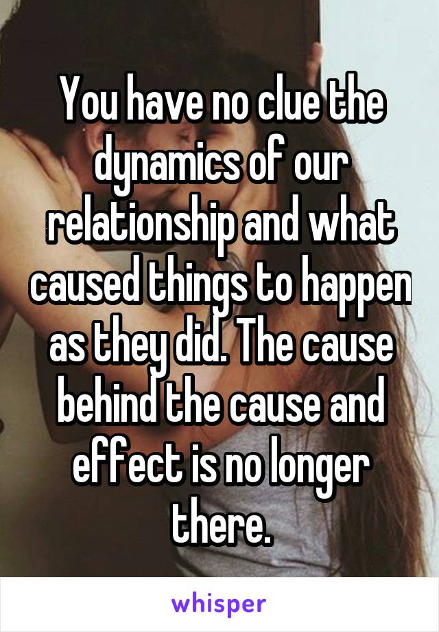 You have no clue the dynamics of our relationship and what caused things to happen as they did. The cause behind the cause and effect is no longer there.