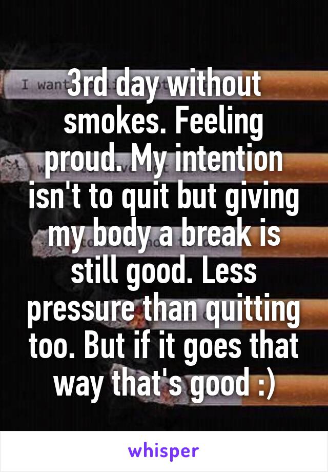 3rd day without smokes. Feeling proud. My intention isn't to quit but giving my body a break is still good. Less pressure than quitting too. But if it goes that way that's good :)