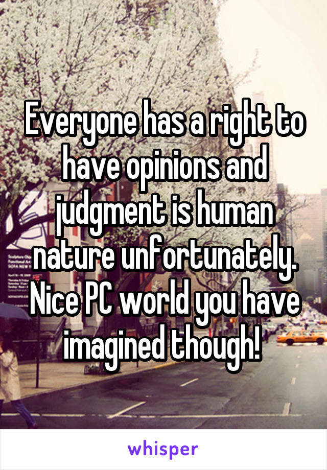 Everyone has a right to have opinions and judgment is human nature unfortunately. Nice PC world you have imagined though! 