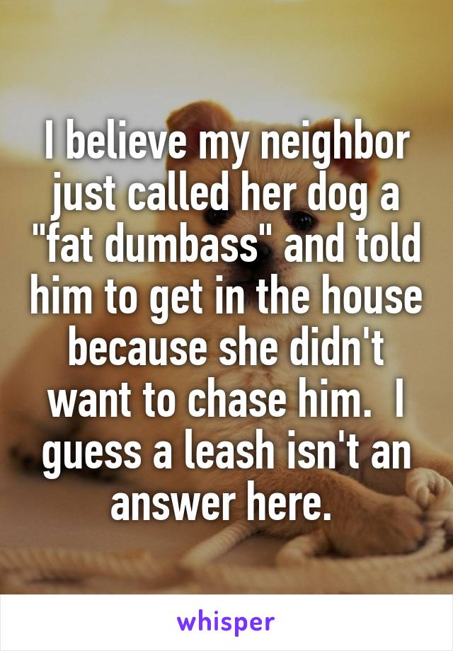 I believe my neighbor just called her dog a "fat dumbass" and told him to get in the house because she didn't want to chase him.  I guess a leash isn't an answer here. 