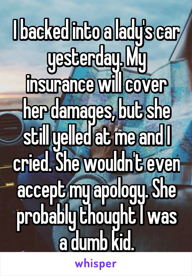 I backed into a lady's car yesterday. My insurance will cover her damages, but she still yelled at me and I cried. She wouldn't even accept my apology. She probably thought I was a dumb kid.