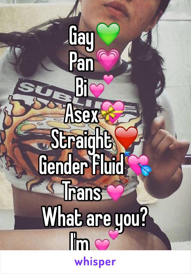 Gay💚
Pan💗
Bi💕
Asex💝
Straight❤️
Gender fluid💘
Trans💓
What are you? 
I'm 💕