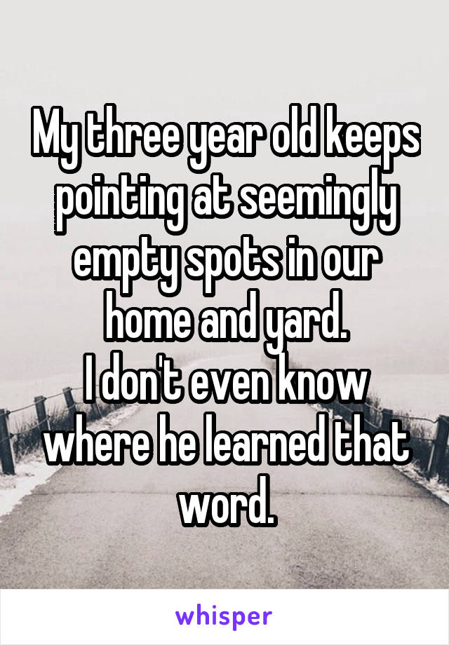 My three year old keeps pointing at seemingly empty spots in our home and yard.
I don't even know where he learned that word.