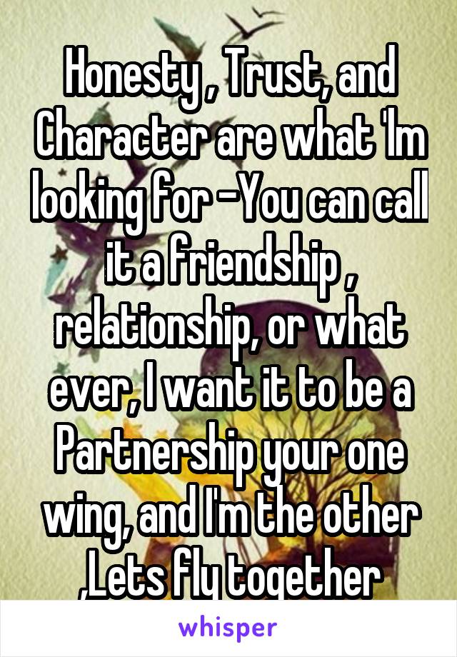 Honesty , Trust, and Character are what 'lm looking for -You can call it a friendship , relationship, or what ever, I want it to be a Partnership your one wing, and I'm the other ,Lets fly together