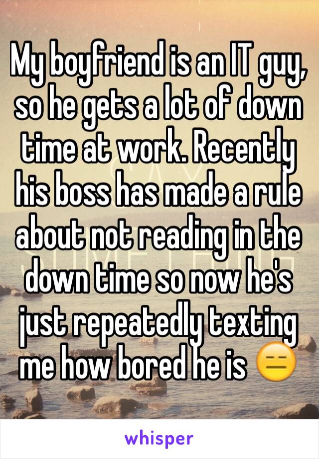 My boyfriend is an IT guy, so he gets a lot of down time at work. Recently his boss has made a rule about not reading in the down time so now he's just repeatedly texting me how bored he is 😑 