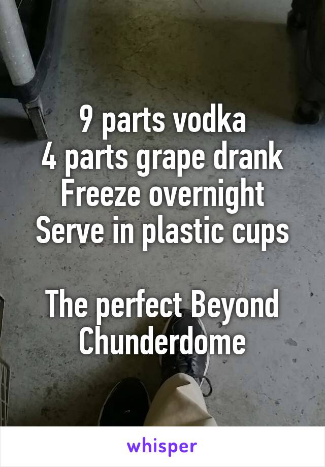 9 parts vodka
4 parts grape drank
Freeze overnight
Serve in plastic cups

The perfect Beyond Chunderdome