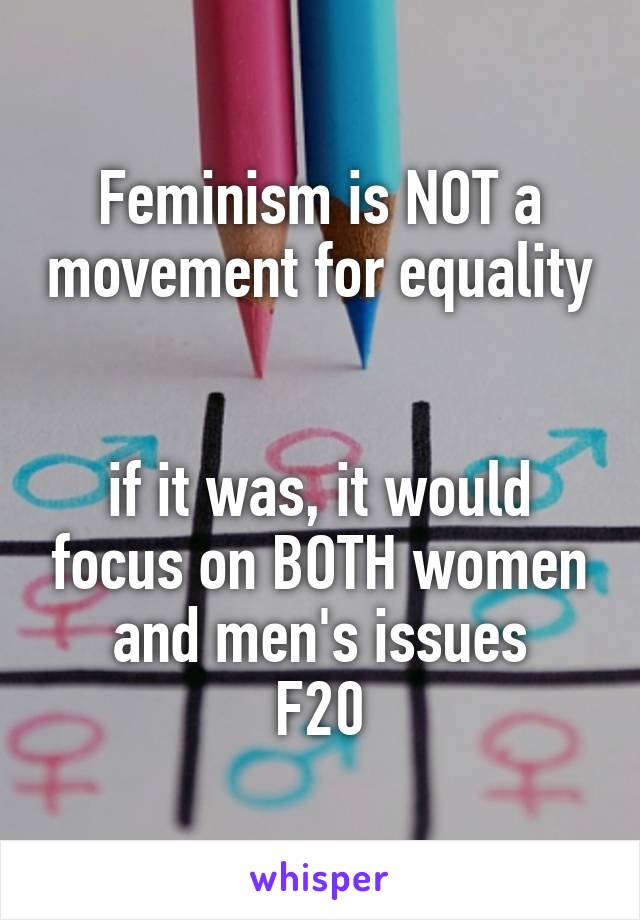 Feminism is NOT a movement for equality


if it was, it would focus on BOTH women and men's issues
F20