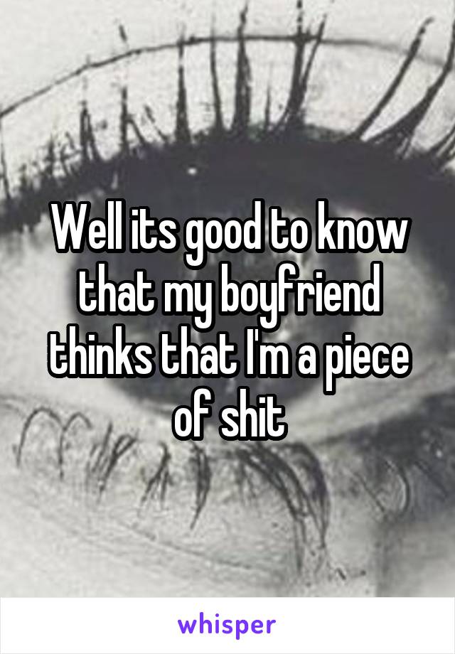 Well its good to know that my boyfriend thinks that I'm a piece of shit