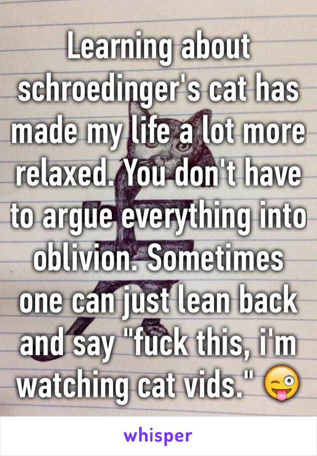 Learning about schroedinger's cat has made my life a lot more relaxed. You don't have to argue everything into oblivion. Sometimes one can just lean back and say "fuck this, i'm watching cat vids." 😜