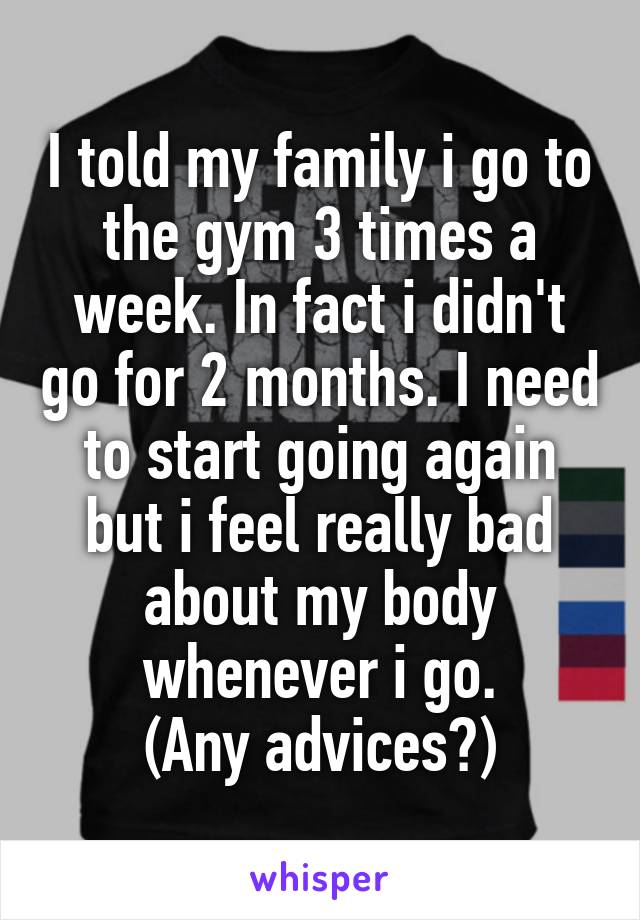 I told my family i go to the gym 3 times a week. In fact i didn't go for 2 months. I need to start going again but i feel really bad about my body whenever i go.
(Any advices?)