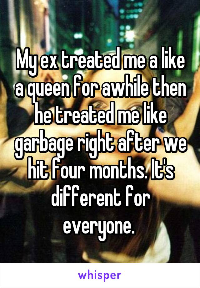 My ex treated me a like a queen for awhile then he treated me like garbage right after we hit four months. It's different for everyone. 