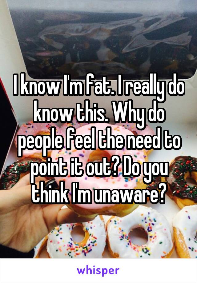 I know I'm fat. I really do know this. Why do people feel the need to point it out? Do you think I'm unaware?