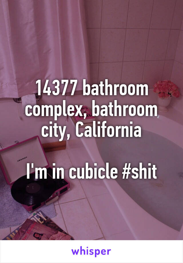 14377 bathroom complex, bathroom city, California

I'm in cubicle #shit