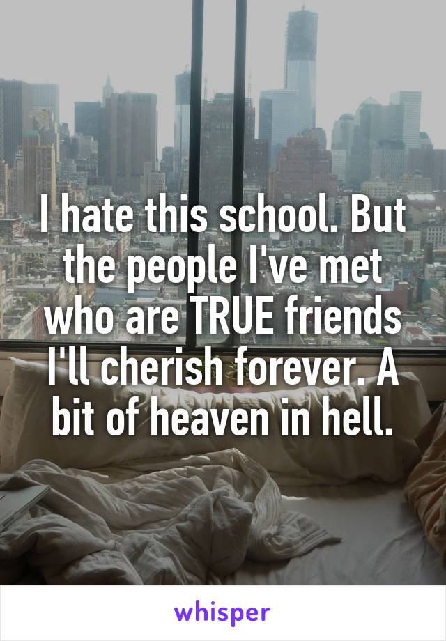 I hate this school. But the people I've met who are TRUE friends I'll cherish forever. A bit of heaven in hell.