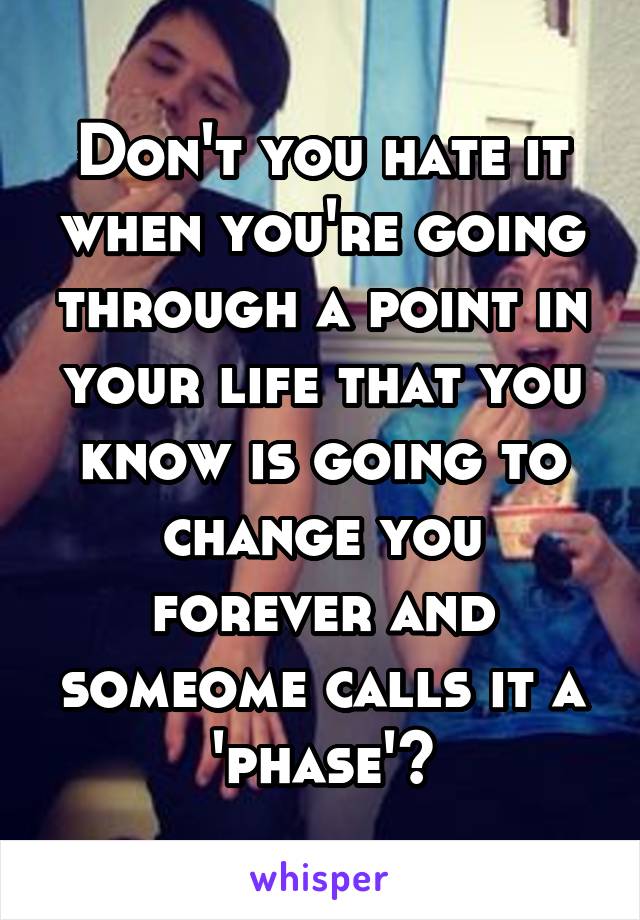 Don't you hate it when you're going through a point in your life that you know is going to change you forever and someome calls it a 'phase'?