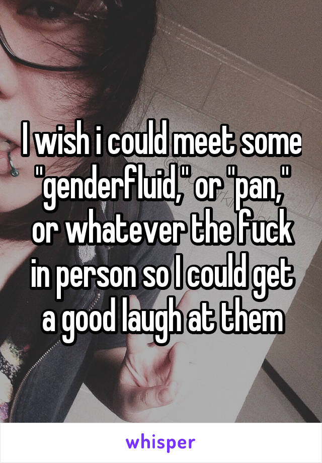 I wish i could meet some "genderfluid," or "pan," or whatever the fuck in person so I could get a good laugh at them