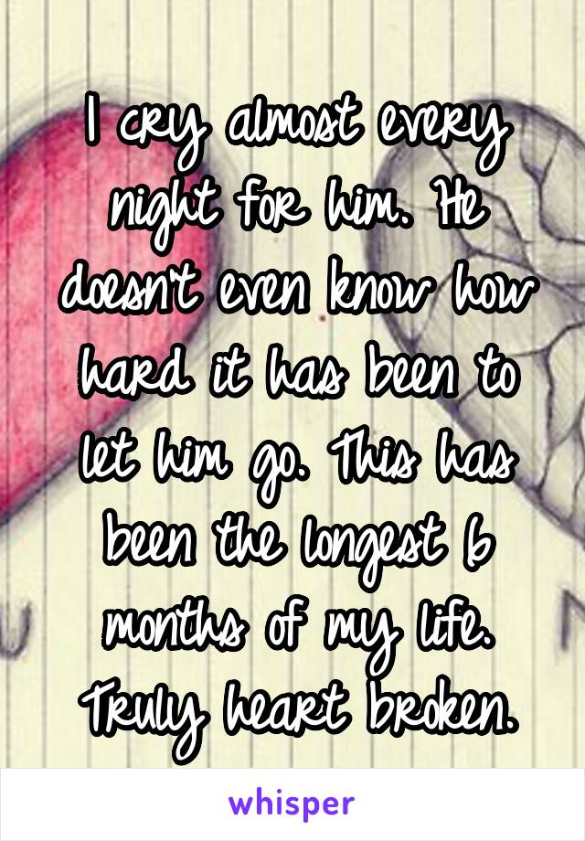 I cry almost every night for him. He doesn't even know how hard it has been to let him go. This has been the longest 6 months of my life. Truly heart broken.