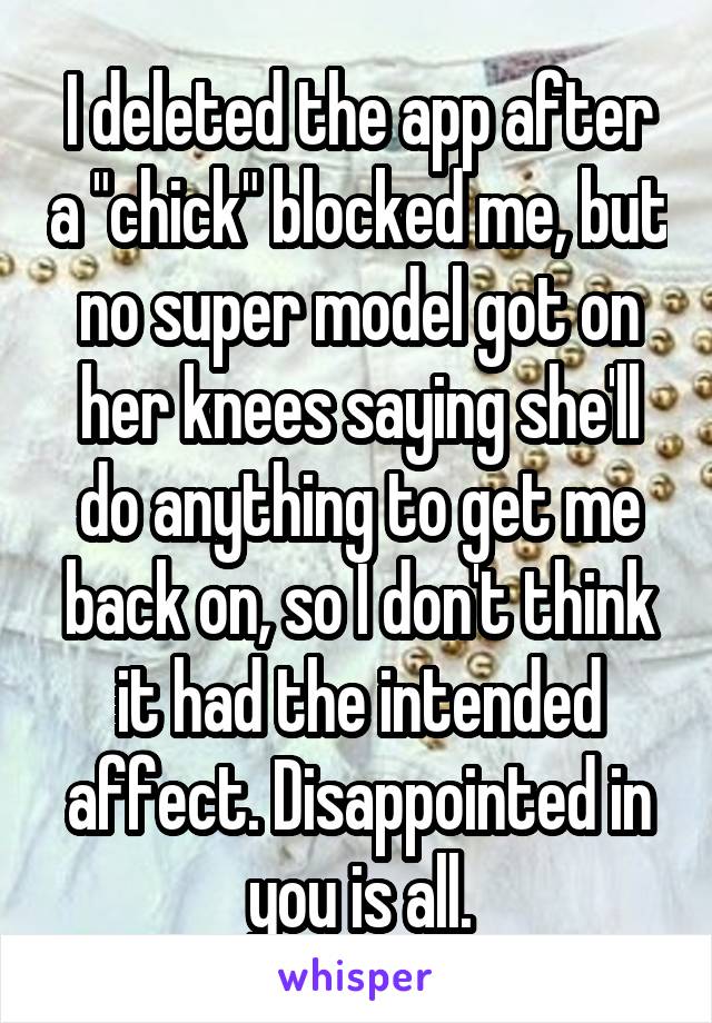 I deleted the app after a "chick" blocked me, but no super model got on her knees saying she'll do anything to get me back on, so I don't think it had the intended affect. Disappointed in you is all.