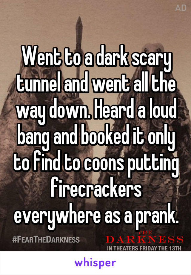 Went to a dark scary tunnel and went all the way down. Heard a loud bang and booked it only to find to coons putting firecrackers everywhere as a prank.