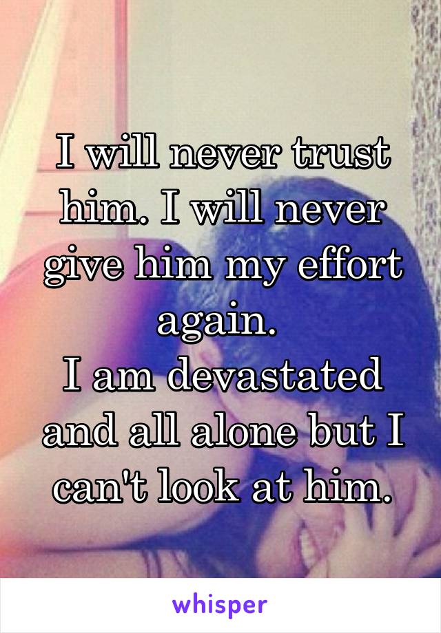 I will never trust him. I will never give him my effort again. 
I am devastated and all alone but I can't look at him.