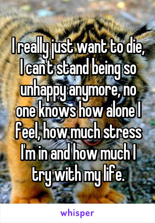 I really just want to die, I can't stand being so unhappy anymore, no one knows how alone I feel, how much stress I'm in and how much I try with my life.