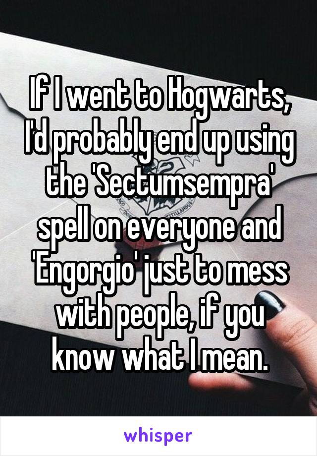 If I went to Hogwarts, I'd probably end up using the 'Sectumsempra' spell on everyone and 'Engorgio' just to mess with people, if you know what I mean.