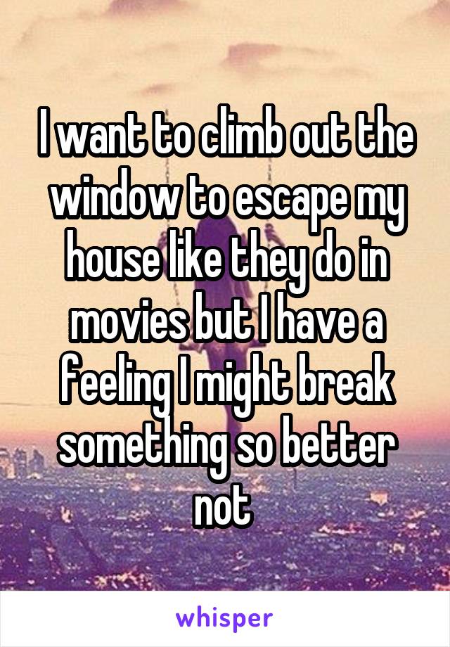 I want to climb out the window to escape my house like they do in movies but I have a feeling I might break something so better not 