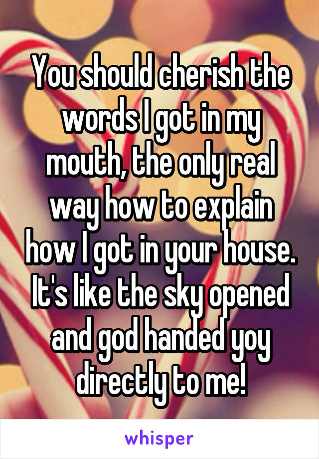 You should cherish the words I got in my mouth, the only real way how to explain how I got in your house. It's like the sky opened and god handed yoy directly to me!