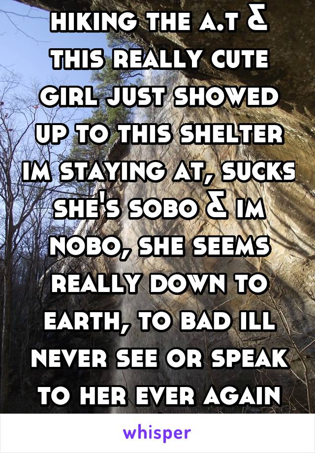 hiking the a.t & this really cute girl just showed up to this shelter im staying at, sucks she's sobo & im nobo, she seems really down to earth, to bad ill never see or speak to her ever again /: