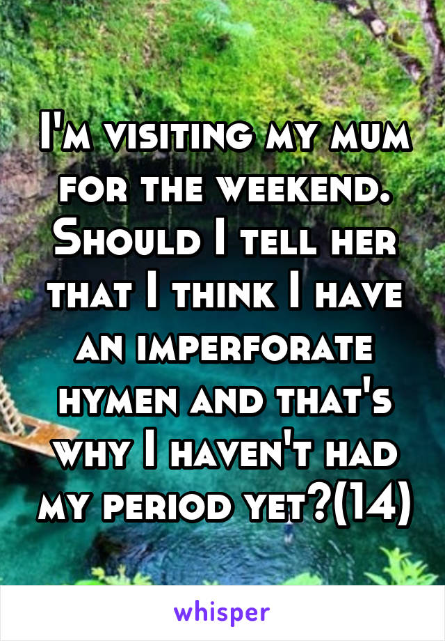 I'm visiting my mum for the weekend. Should I tell her that I think I have an imperforate hymen and that's why I haven't had my period yet?(14)