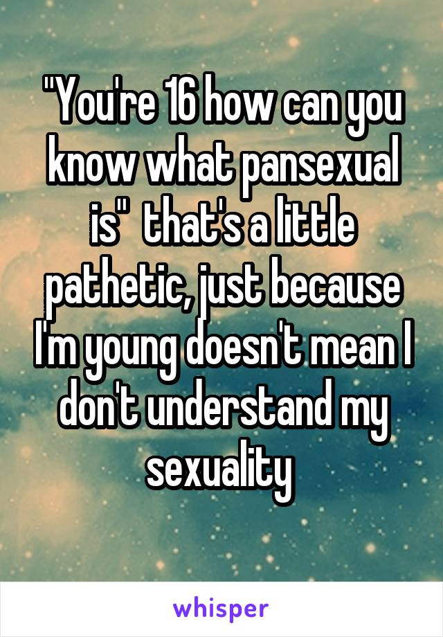 "You're 16 how can you know what pansexual is"  that's a little pathetic, just because I'm young doesn't mean I don't understand my sexuality 
