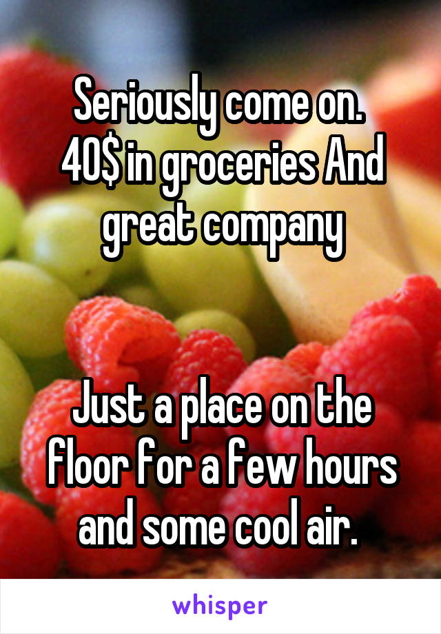 Seriously come on. 
40$ in groceries And great company


Just a place on the floor for a few hours and some cool air. 