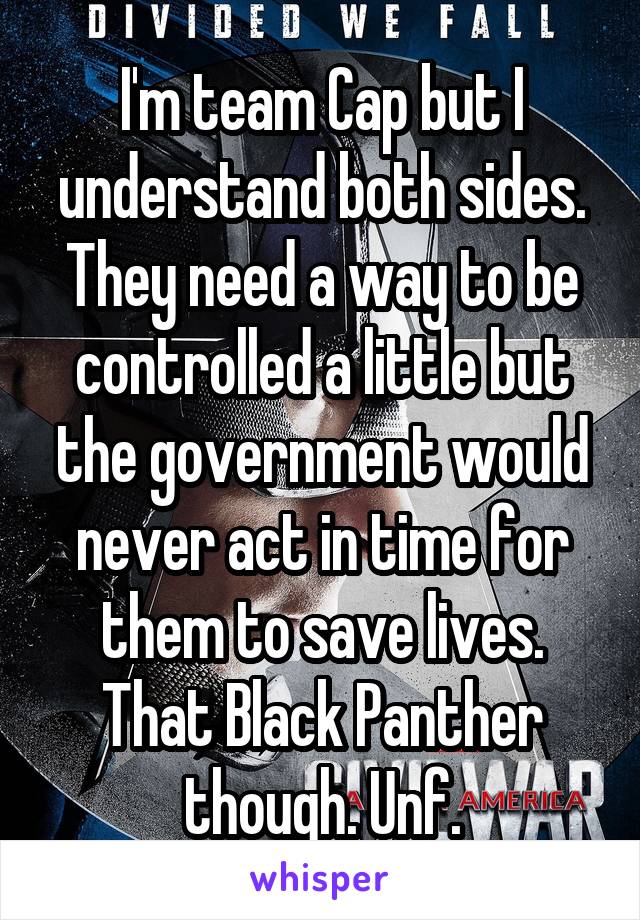 I'm team Cap but I understand both sides. They need a way to be controlled a little but the government would never act in time for them to save lives.
That Black Panther though. Unf.