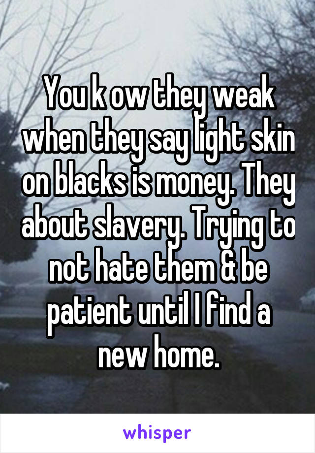 You k ow they weak when they say light skin on blacks is money. They about slavery. Trying to not hate them & be patient until I find a new home.