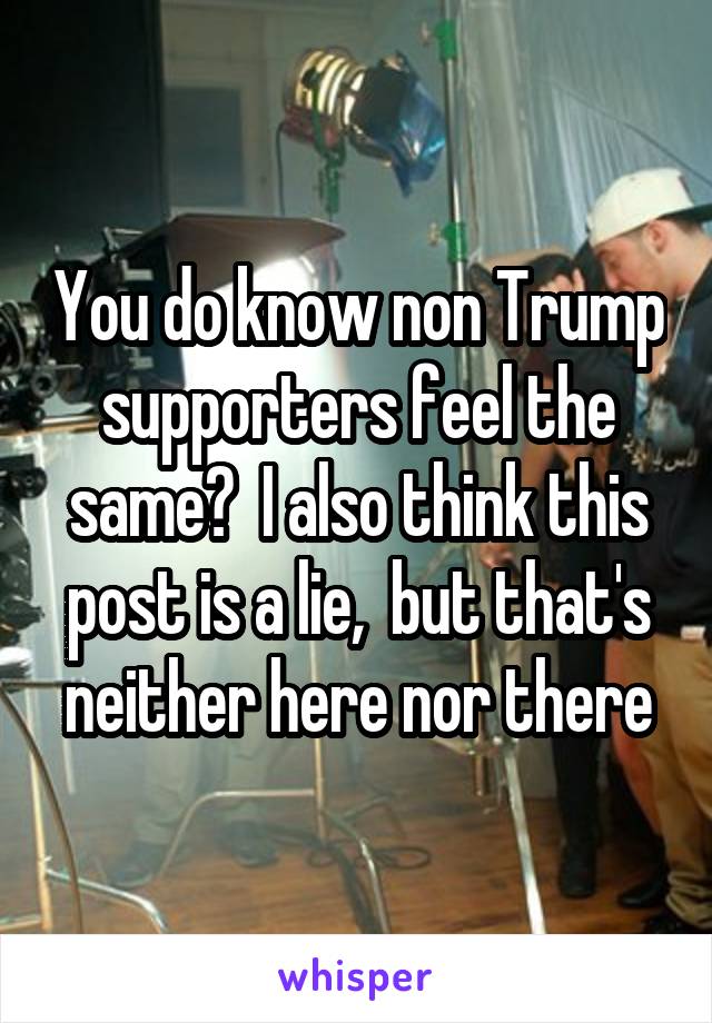 You do know non Trump supporters feel the same?  I also think this post is a lie,  but that's neither here nor there