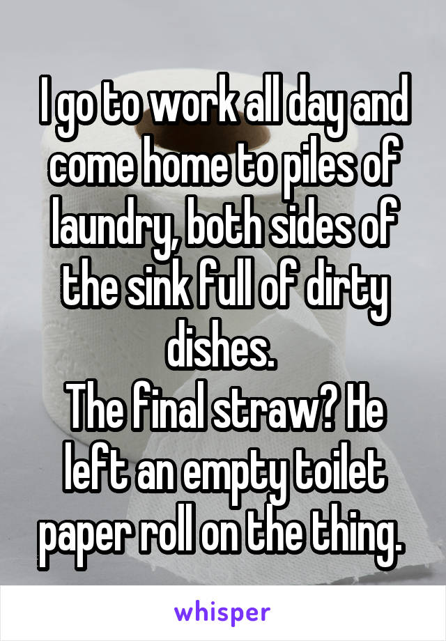 I go to work all day and come home to piles of laundry, both sides of the sink full of dirty dishes. 
The final straw? He left an empty toilet paper roll on the thing. 