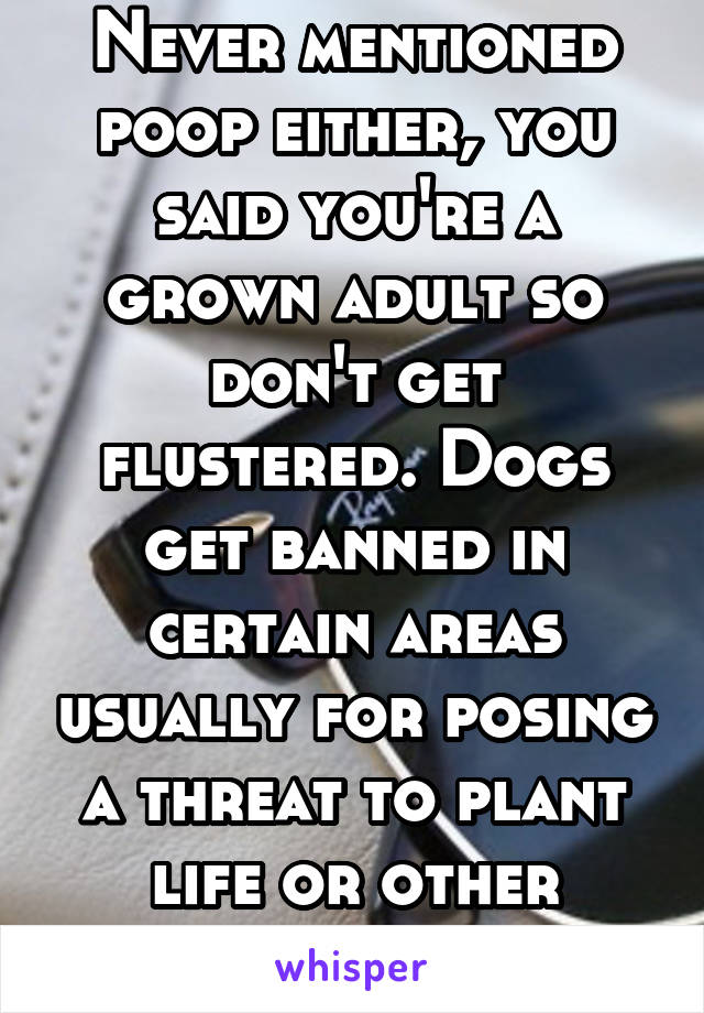 Never mentioned poop either, you said you're a grown adult so don't get flustered. Dogs get banned in certain areas usually for posing a threat to plant life or other native wild life.