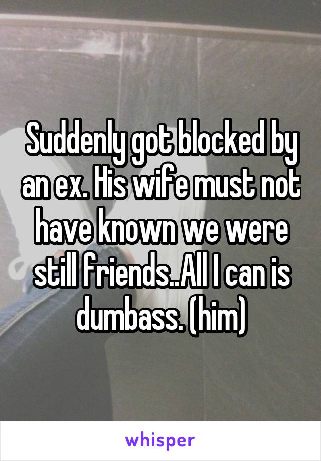 Suddenly got blocked by an ex. His wife must not have known we were still friends..All I can is dumbass. (him)