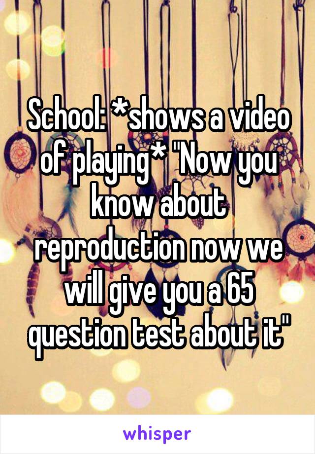 School: *shows a video of playing* "Now you know about reproduction now we will give you a 65 question test about it"