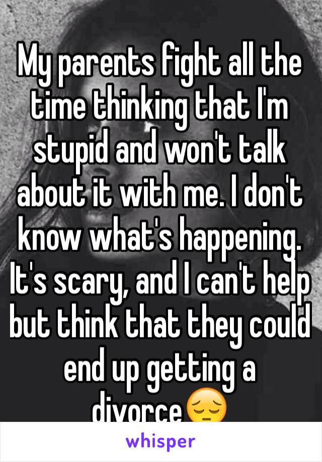 My parents fight all the time thinking that I'm stupid and won't talk about it with me. I don't know what's happening. It's scary, and I can't help but think that they could end up getting a divorce😔